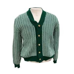 Handmade Crochet Vtg 70s Cardigan Sweater Mens S M Green Striped Wood Button Ott